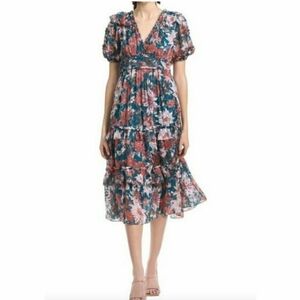 Sachin + Babi NEW Veronica Teal Guava Lily Chiffon Tiered Midi Dress Size 4